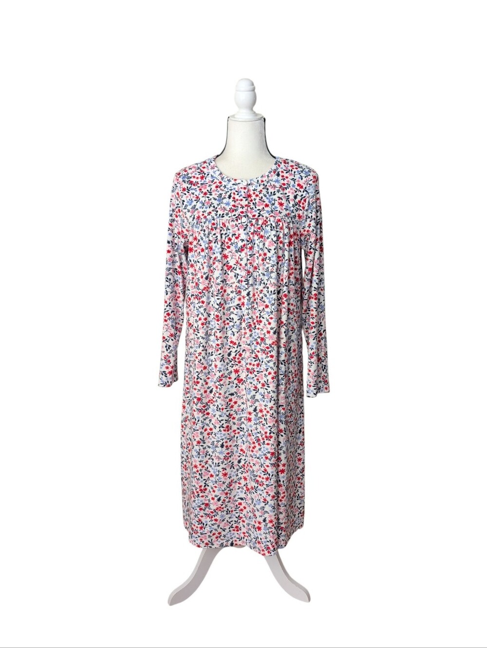 Aria Collection Stretch Velour Floral Nightgown MEDIUM White Pink Pockets